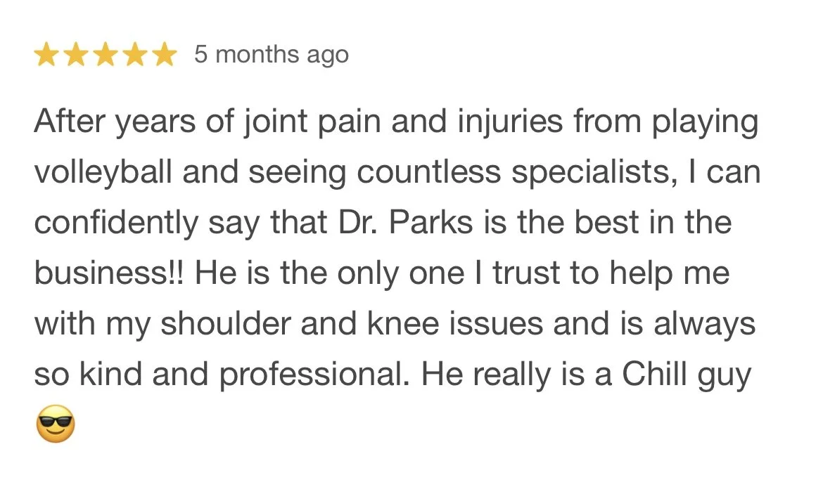Screenshot of a 5-star review for Dr. Parks, praising his chiropractic care for shoulder and knee issues, mentioning his professionalism and kindness, with an sunglasses emoji.