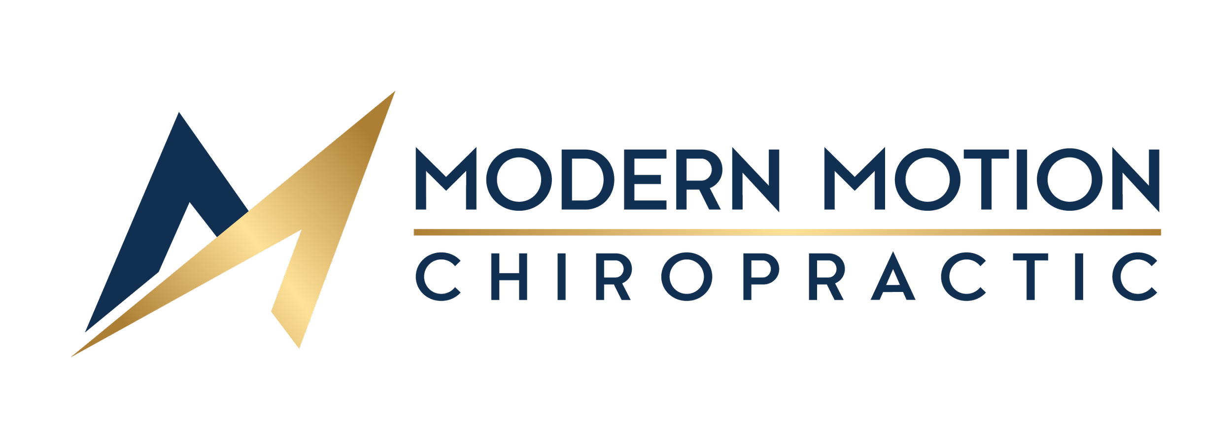 Modern Motion Chiropractic logo with stylized blue and gold lightning bolt icon and text in navy blue and gold.