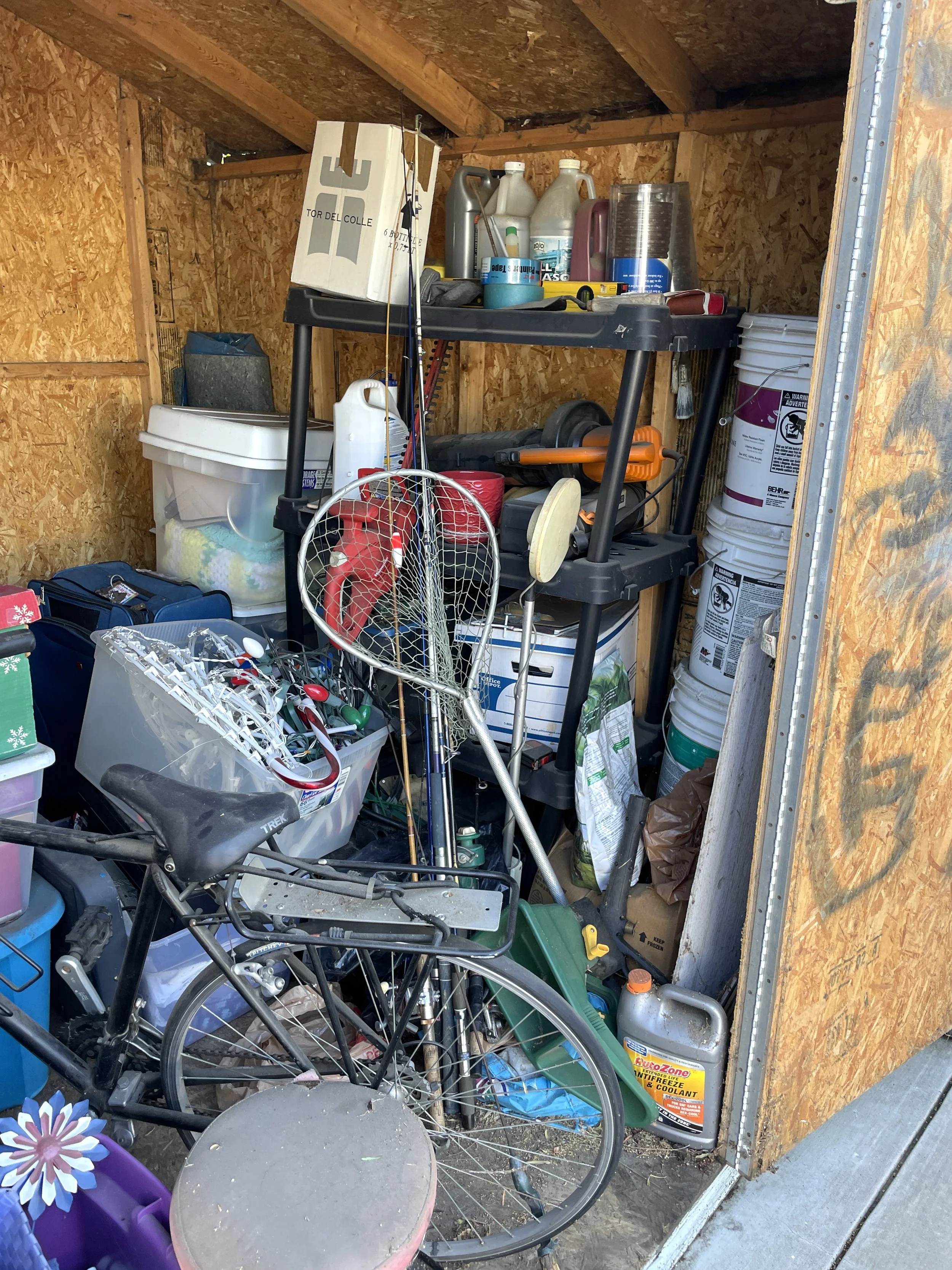 A cluttered storage shed with various tools, bottles, and miscellaneous items. There is a bicycle in the foreground, and shelves with cleaning supplies, a bucket, and containers in the background.