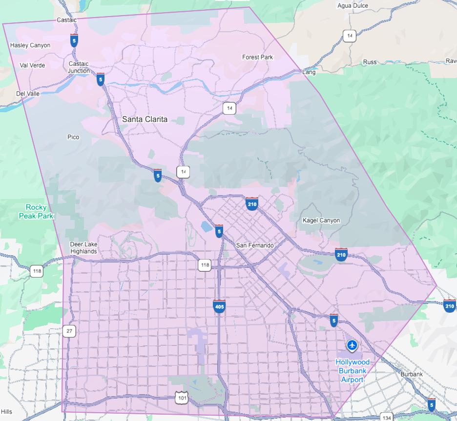 Map of the city of Burbank, California, showing major highways, nearby cities, and landmarks such as Hollywood Burbank Airport and Rocky Peak Park.