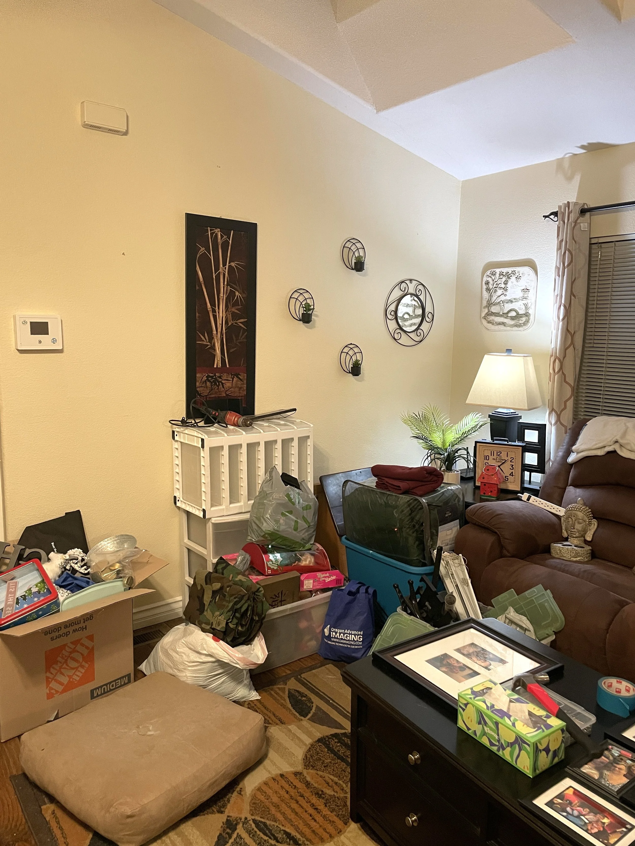 The image shows a cluttered living room with various items including a cardboard box, plastic bags, a black furniture piece, a couch, a lamp, wall decorations, and a window with curtains.