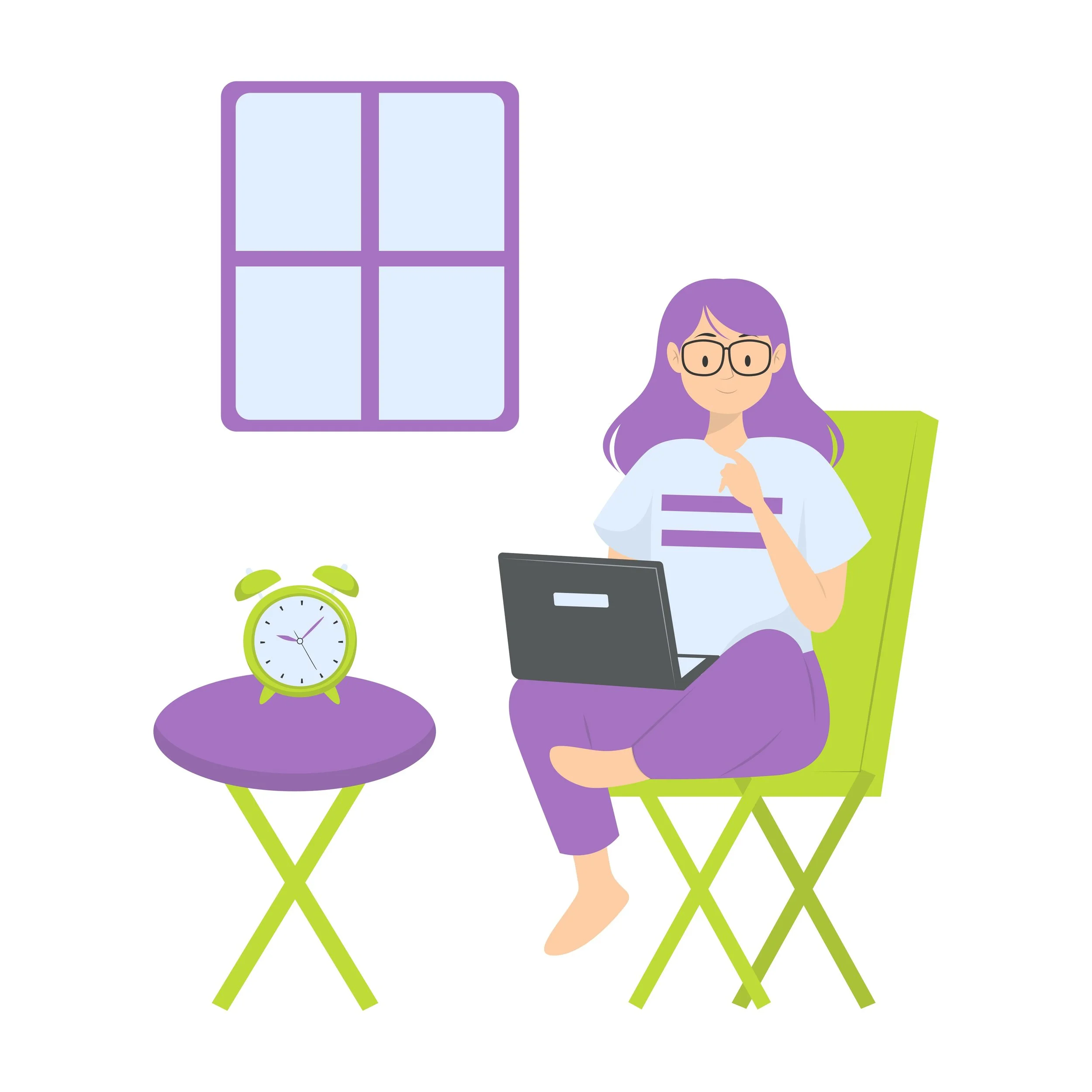 Illustration of a woman sitting on a green chair with a laptop, in a room with a window and a small purple table with a green alarm clock on it.