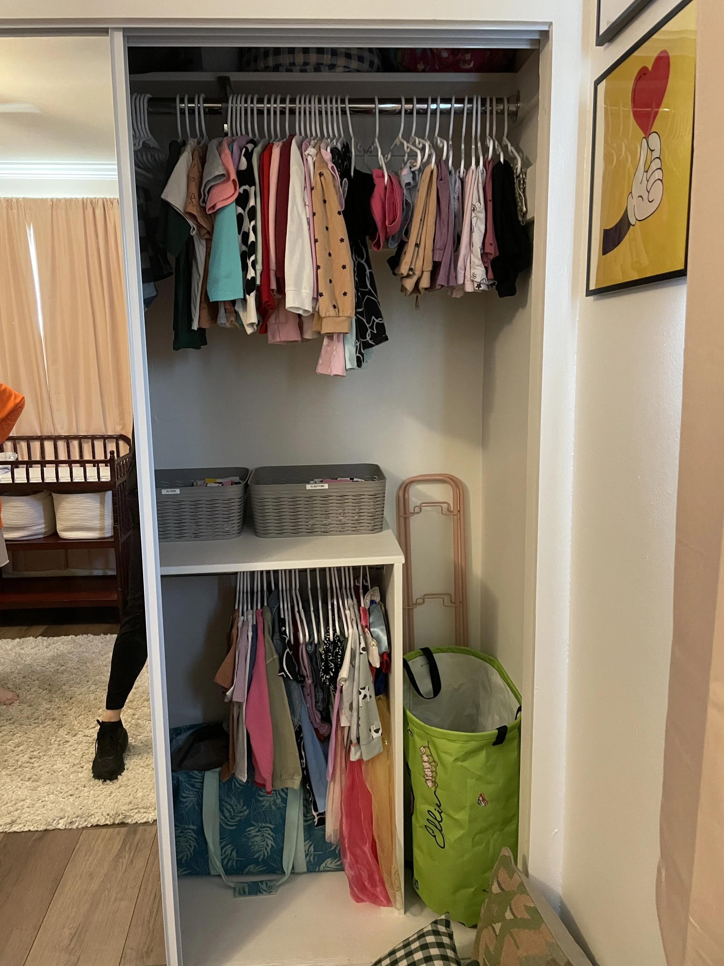 Inside a closet with clothing hanging on a rod, storage baskets on a shelf, and various bags on the floor.