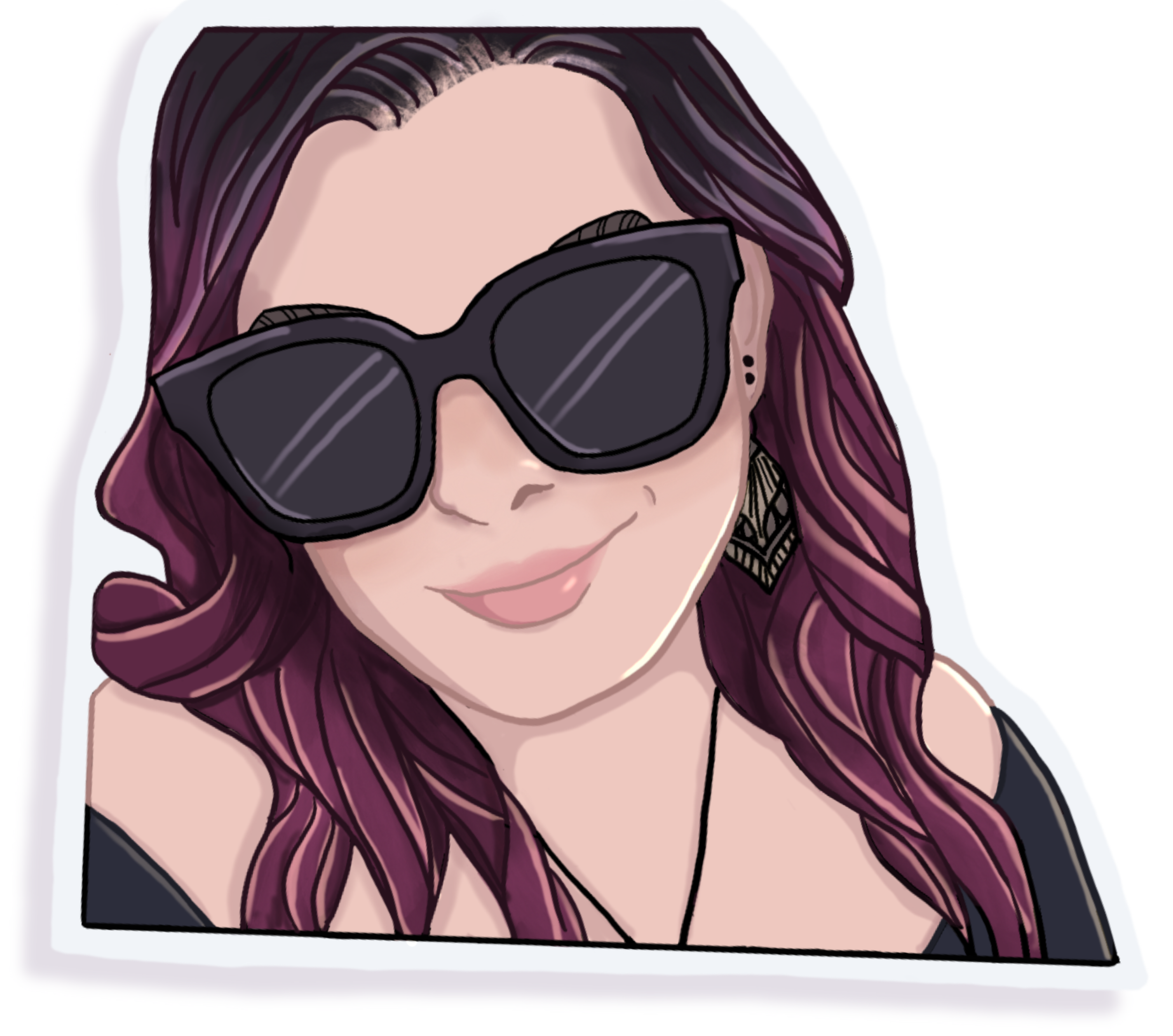 Cartoon image of a woman with purple wavy hair wearing large black sunglasses and black clothing, smiling.