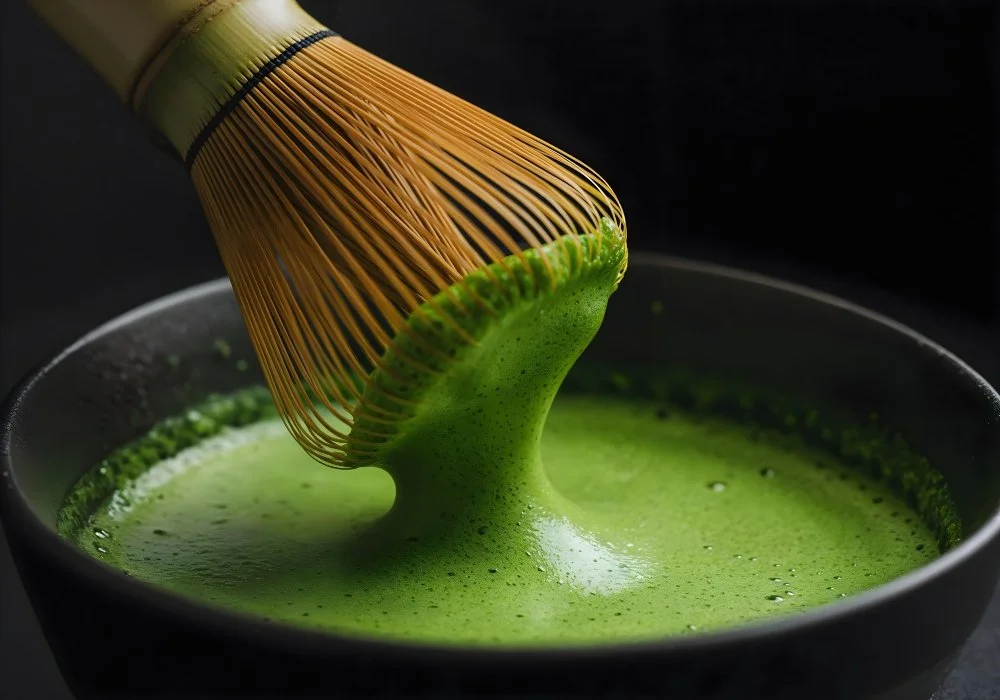 A bamboo whisk whisking green matcha tea in a black bowl.