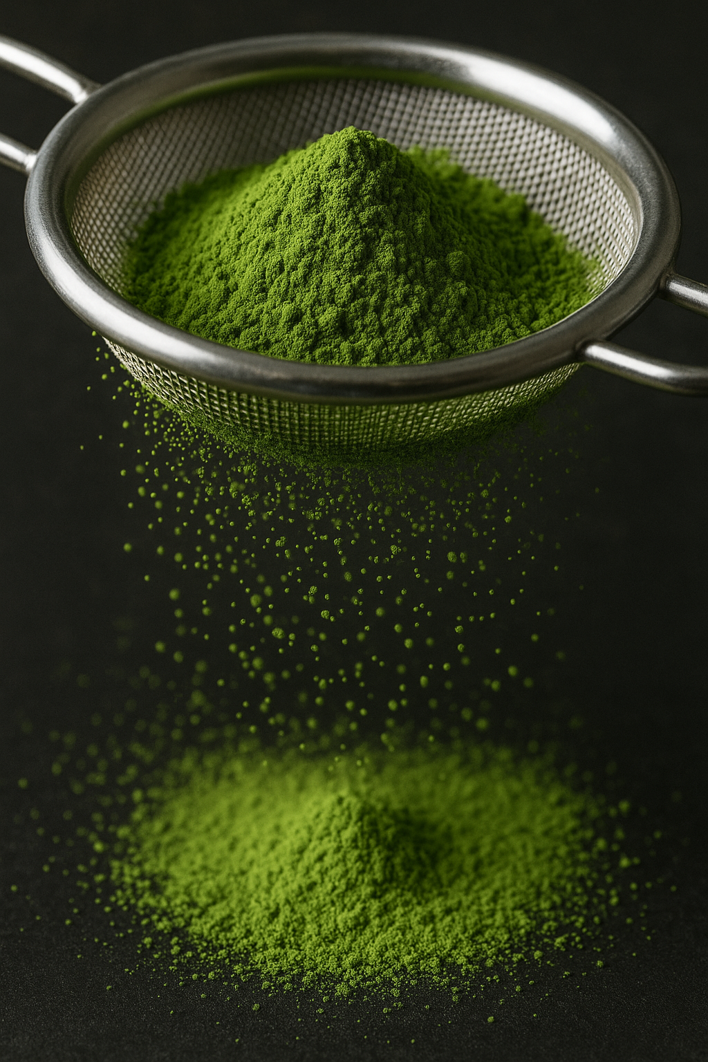 Green matcha powder being sifted through a metal fine-mesh strainer against a black background.