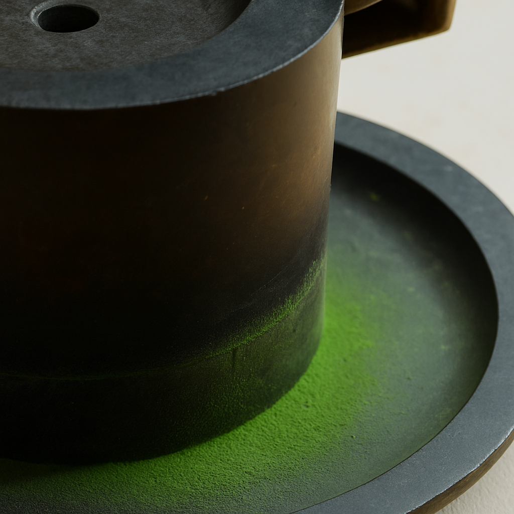 Close-up of a black stone grinder with green powder residue on its base.