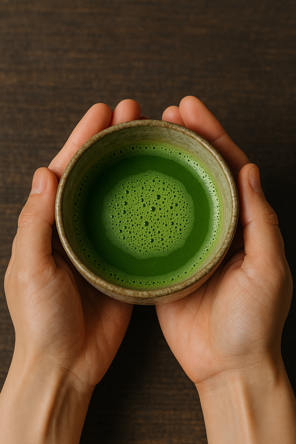 Person holding a ceramic cup filled with bright green matcha tea over a dark wooden surface.