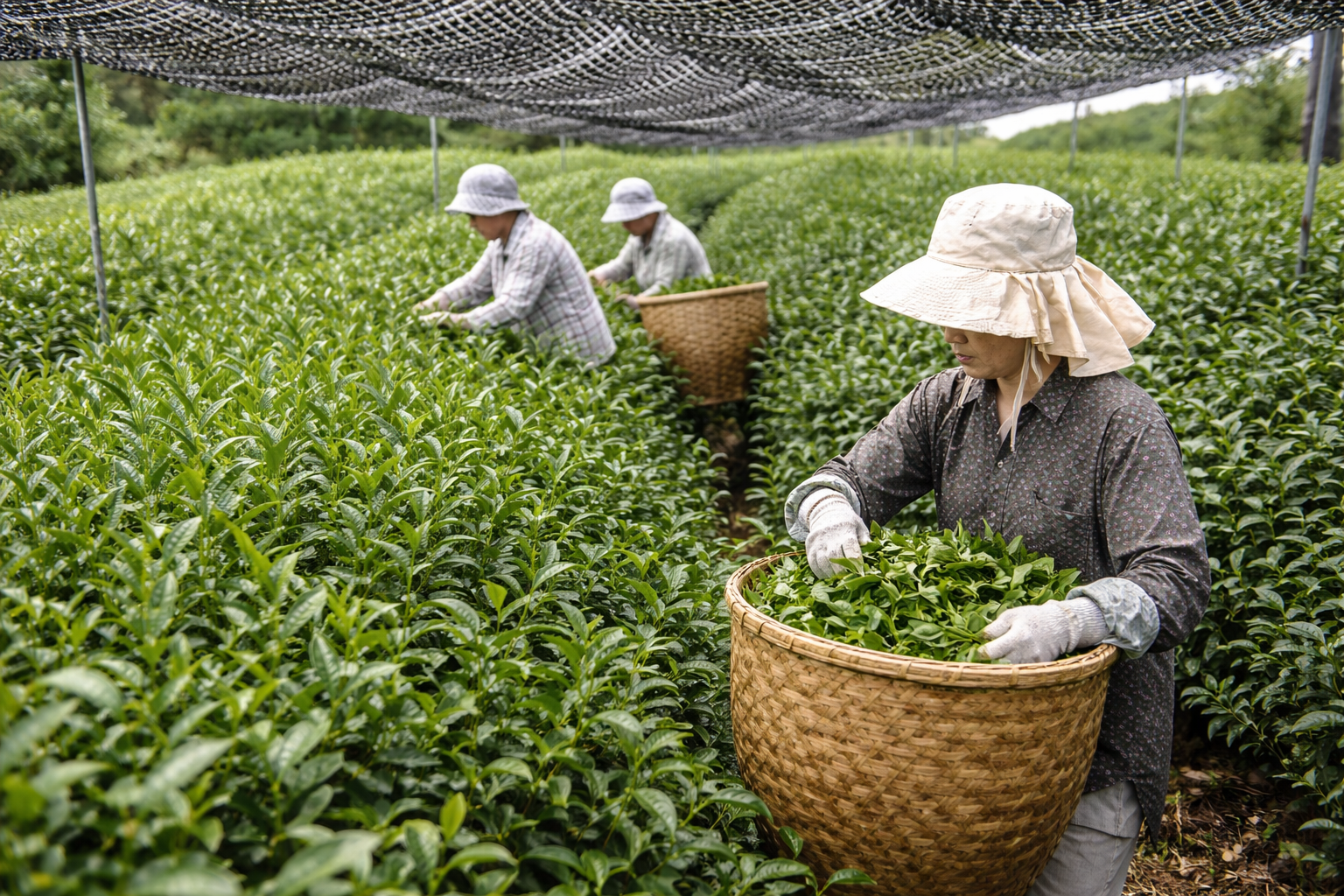 Farm workers harvesting tea leaves in a lush green tea plantation under a canopy.
