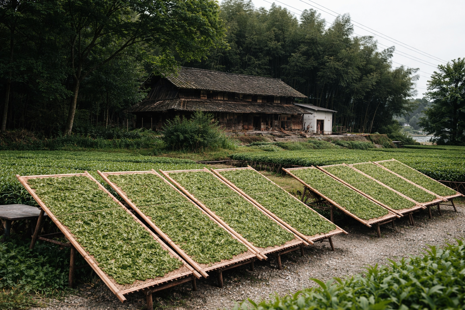 Rows of green plants drying on bamboo racks in front of a rustic wooden house surrounded by trees.