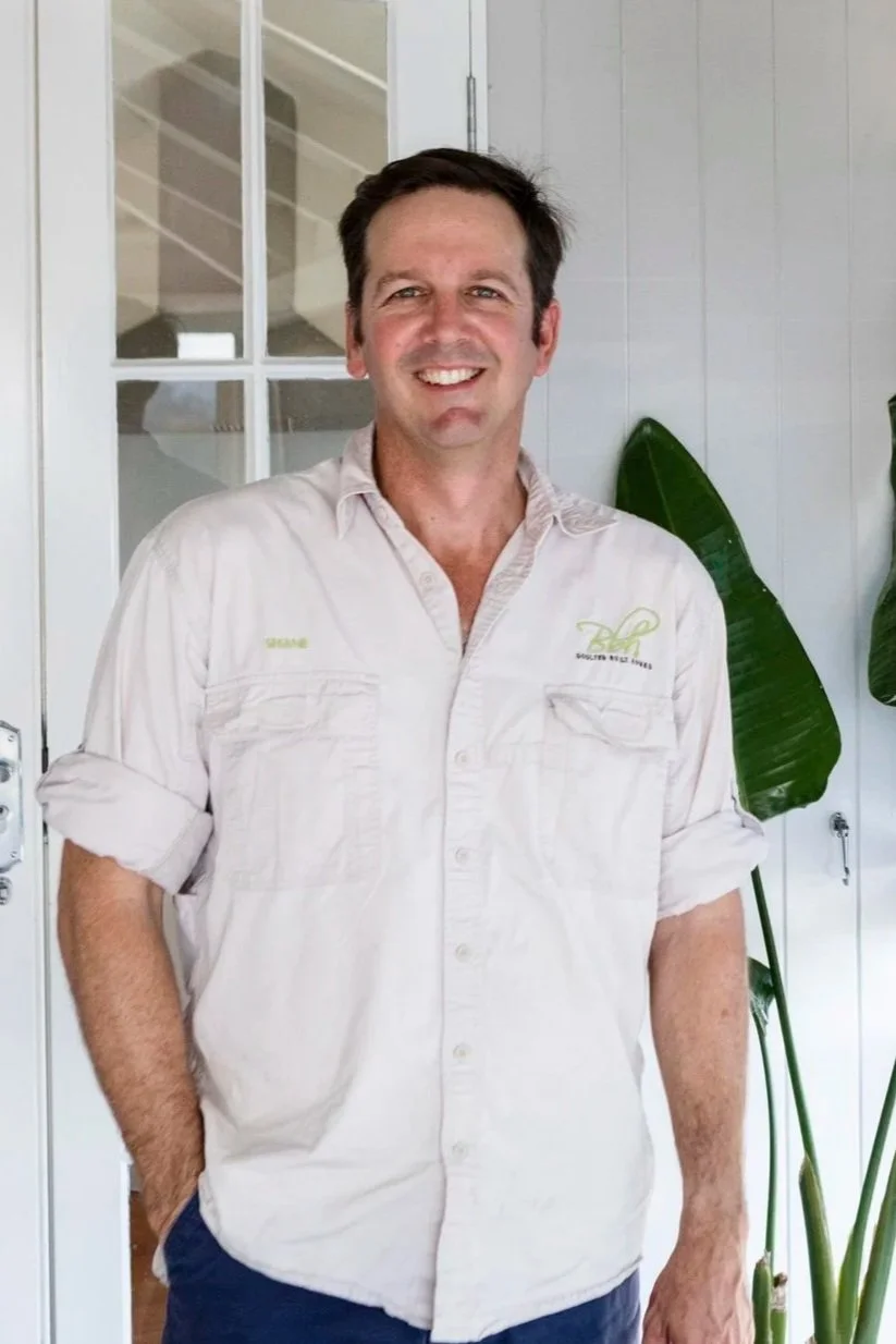 Smiling man with short dark hair in a beige button-up shirt standing indoors near a green plant and white wall.