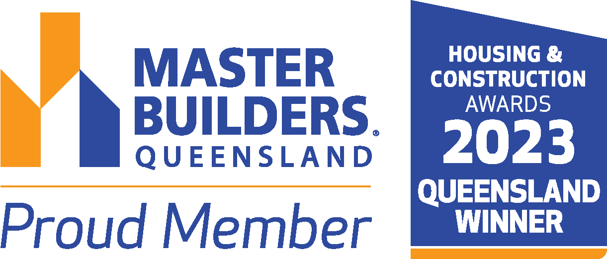 Badge for Master Builders Queensland, celebrating winning the 2023 Queensland Housing & Construction Awards, with the words 'Proud Member'.