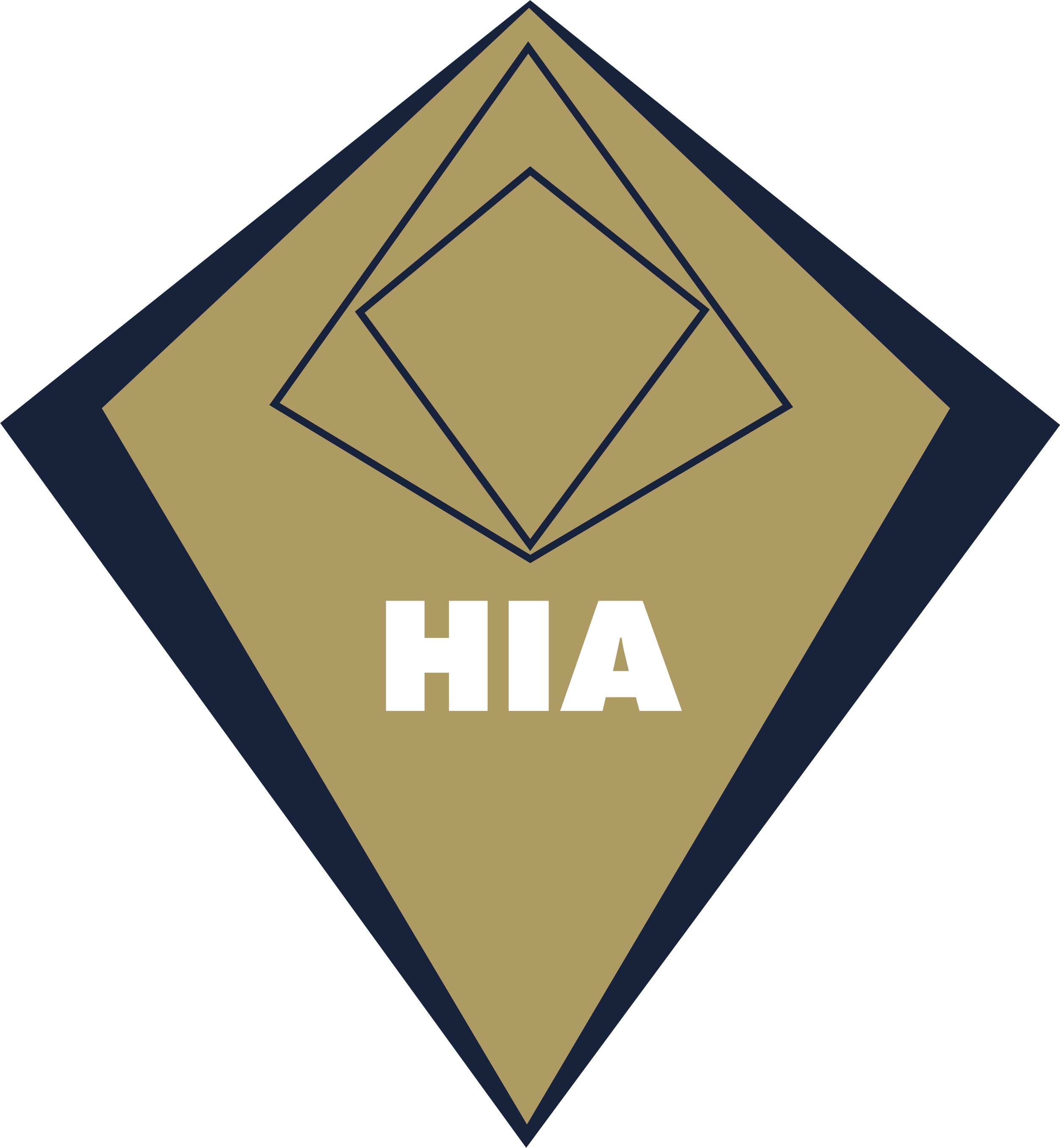 A logo with a geometric design of overlapping squares in navy and gold colors and the text "HIA" in bold white letters.