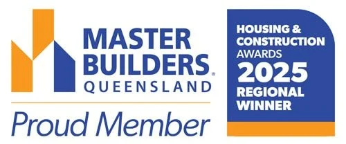 Logo for Master Builders Queensland with text indicating 2025 Housing & Construction Awards regional winner, and proud member.