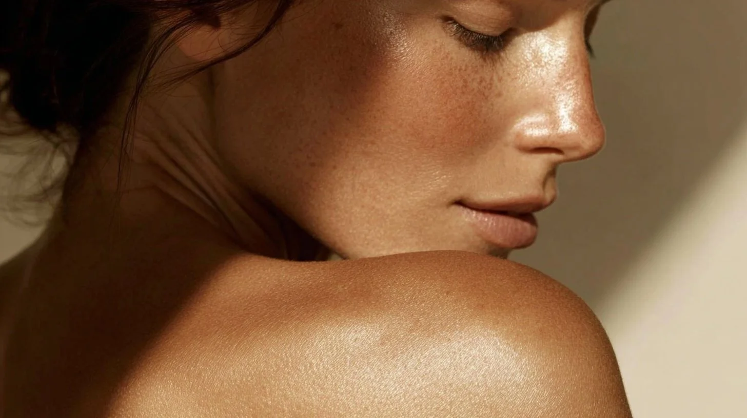Close-up of a woman's face and shoulder, showing smooth skin with a natural glow, her eyes closed and head slightly tilted.
