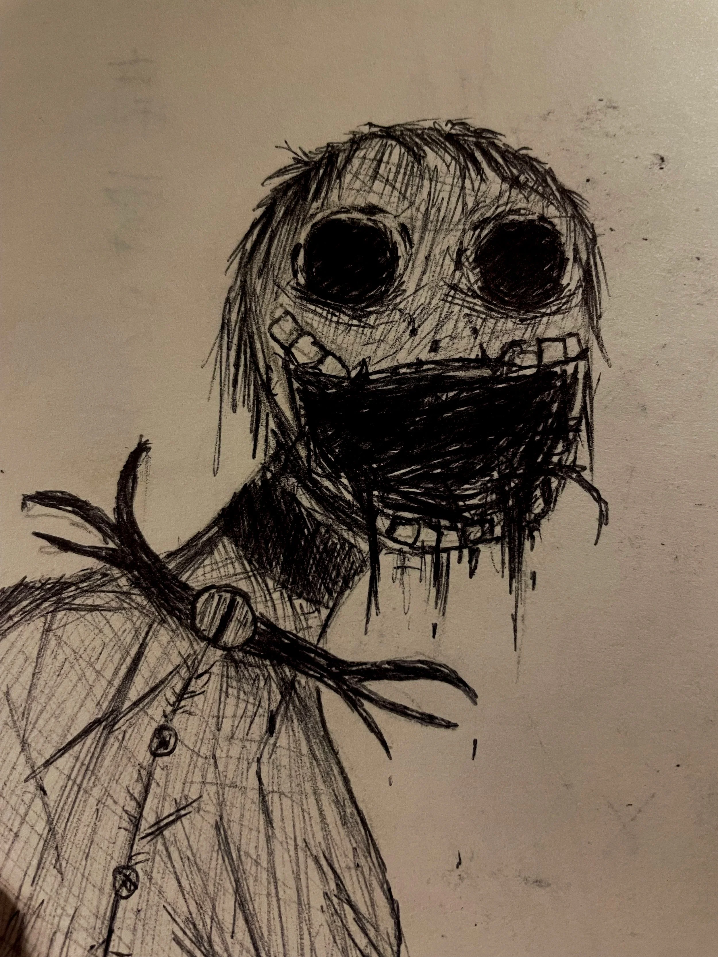A sketch of a zombie with large black eyes, messy hair, a wide open mouth with visible teeth, and patches of shading on its face. The zombie is wearing a torn shirt and has a branch or stick near its shoulder.