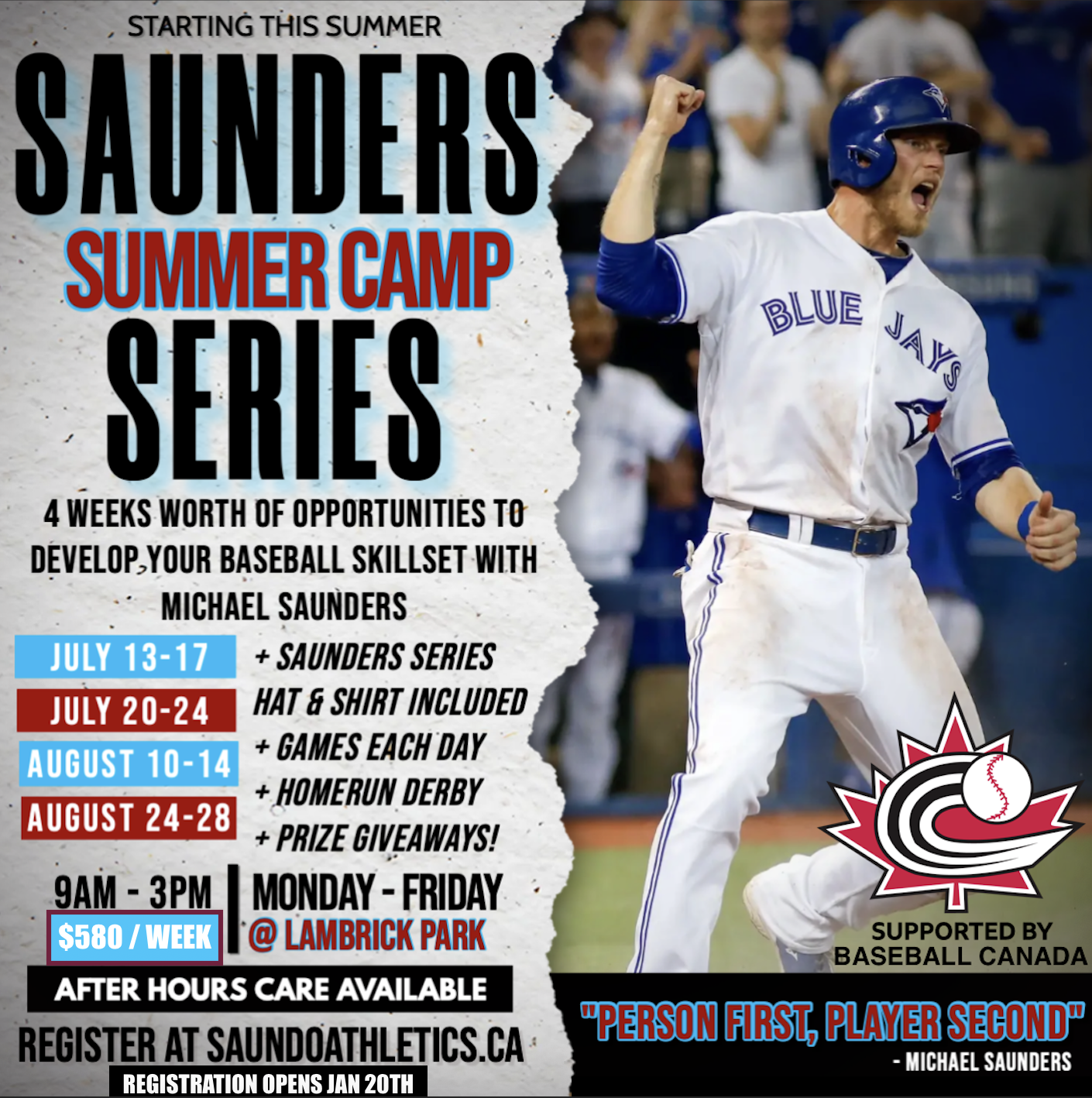 Poster for Saunders Summer Camp Series featuring a baseball player in a blue and white uniform celebrating, with event details including dates, times, location at Lambrick Park, and prices, supported by Baseball Canada.