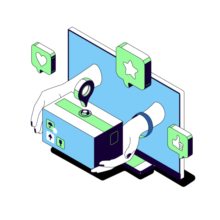 Digital illustration of two hands emerging from a screen, with a printer in between, surrounded by social media icons like hearts, thumbs up, and stars.