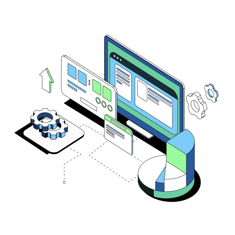 Digital illustration depicting web development or data analysis with graphical user interface elements, gears, and a pie chart on a black background.