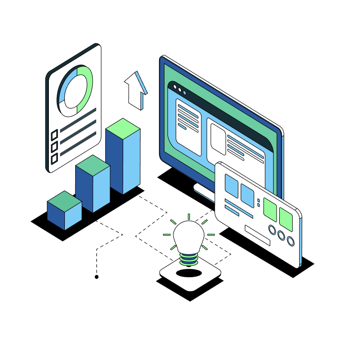 An illustration of data analysis, web design, and innovation with a bar graph, pie chart, a computer screen displaying a website layout, a browser window, and a light bulb symbolizing ideas or creativity.