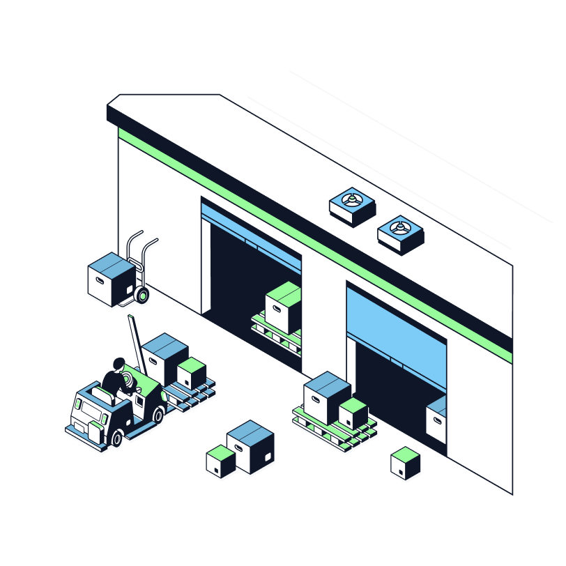 Illustration of a warehouse with a delivery truck, packages on pallets, and two open loading bays.