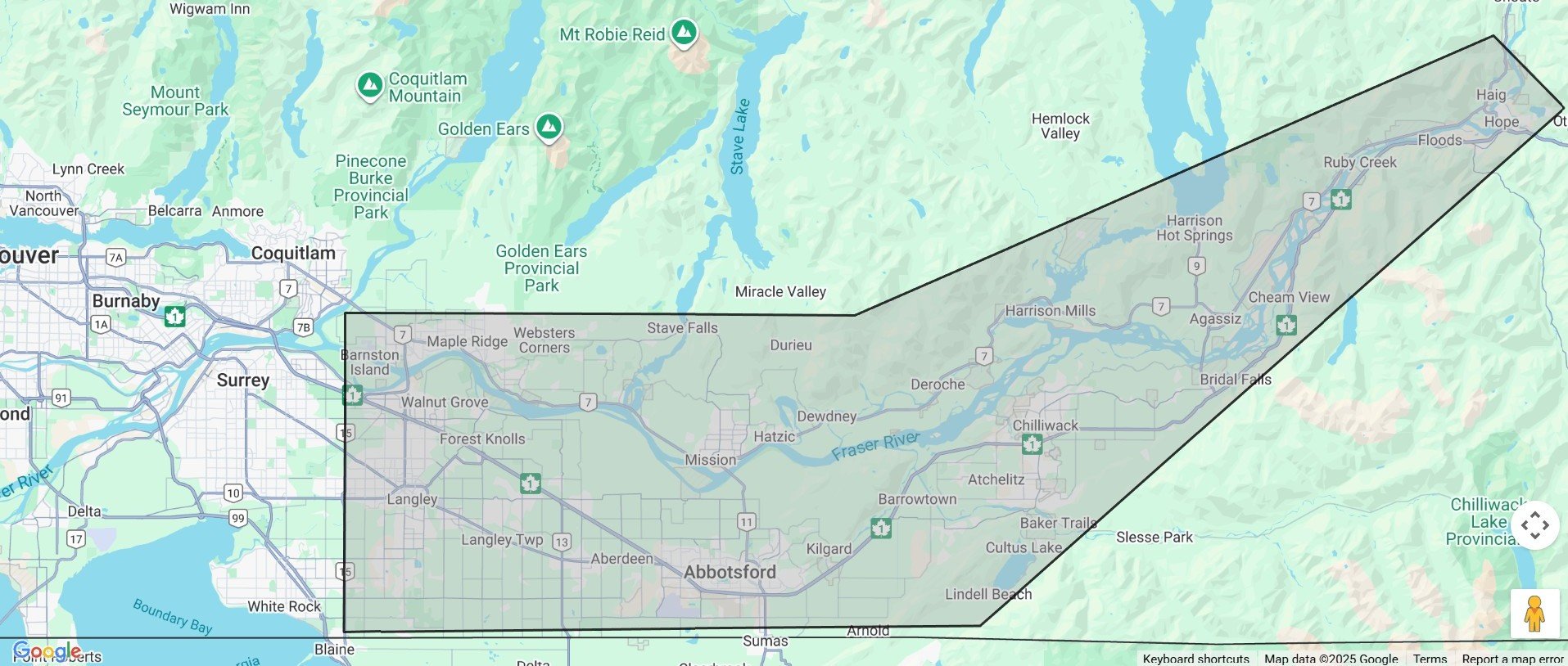 Map of the Fraser Valley region in British Columbia, Canada, showing cities, highways, rivers, parks, and natural landmarks.