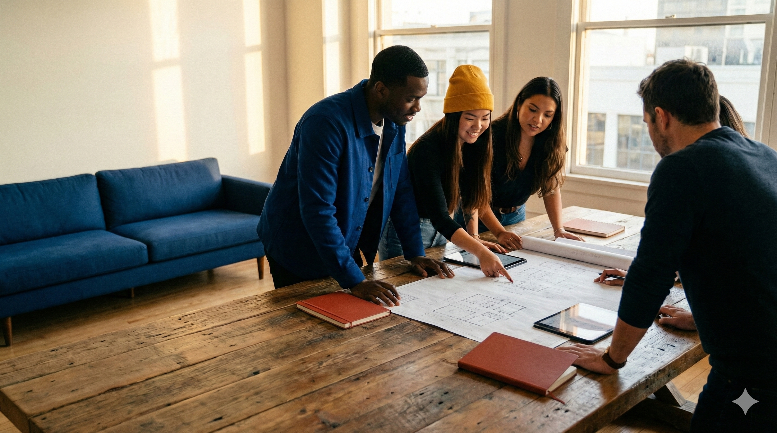 Group of five people reviewing architectural plans on a large wooden table in a bright office space, with notebooks and tablets on the table.