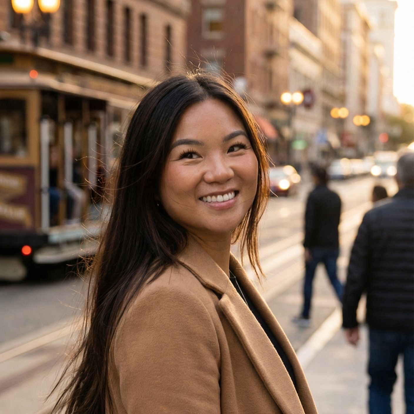 A smiling woman with long dark hair wearing a tan coat standing on a city street during sunset, with blurred pedestrians, cars, and historic buildings in the background.