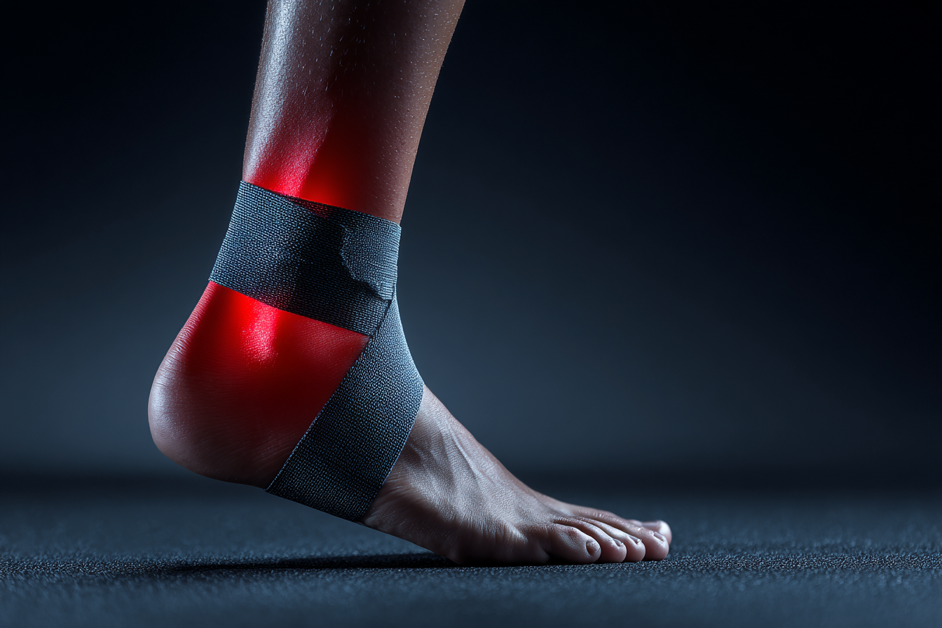 Close-up image of an athletic ankle with supportive tape applied and a red glow highlighting the injured area. The lighting is dramatic against a dark background, emphasising the ankle joint and tape placement.