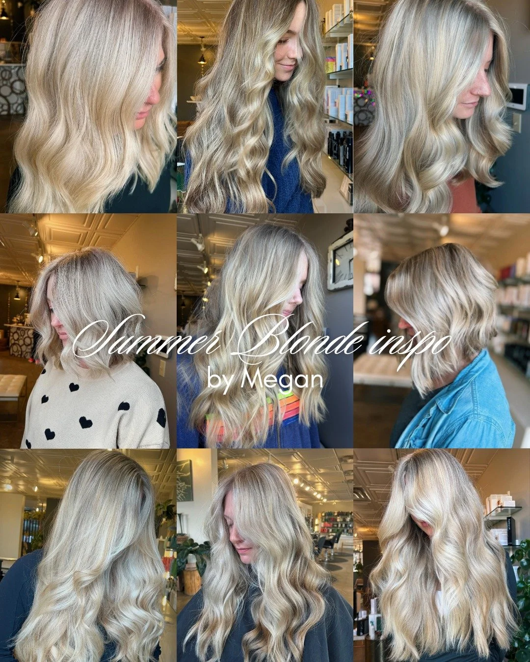 Summer blonde, a few ways. We put together a few of Megan's blondes for some inspo, from soft and sun kissed to bright and beachy, so you can see what actually suits your starting color before you commit. Save this for your next blonde transformation