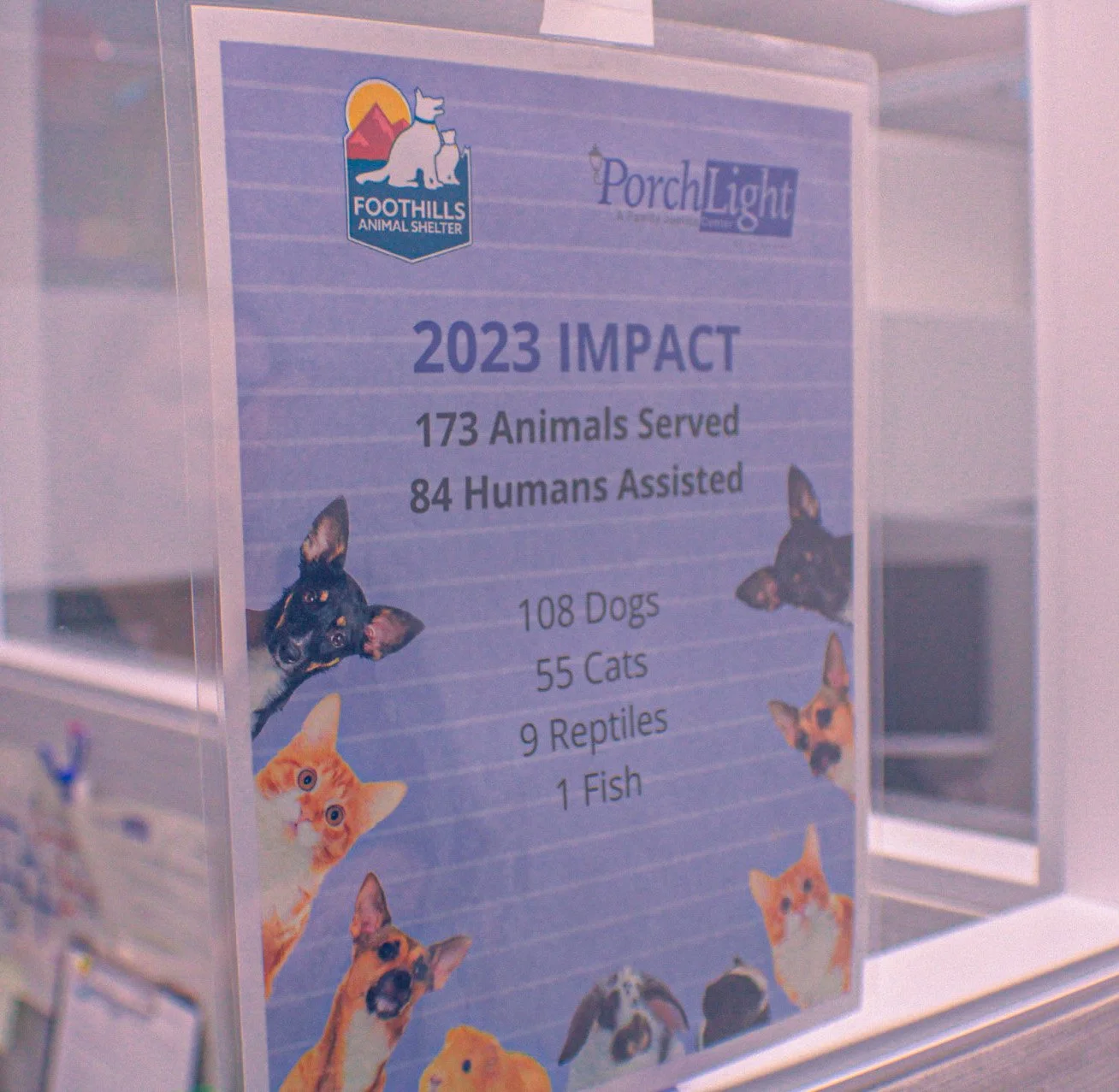 A poster indicating the animal impact at PorchLight.