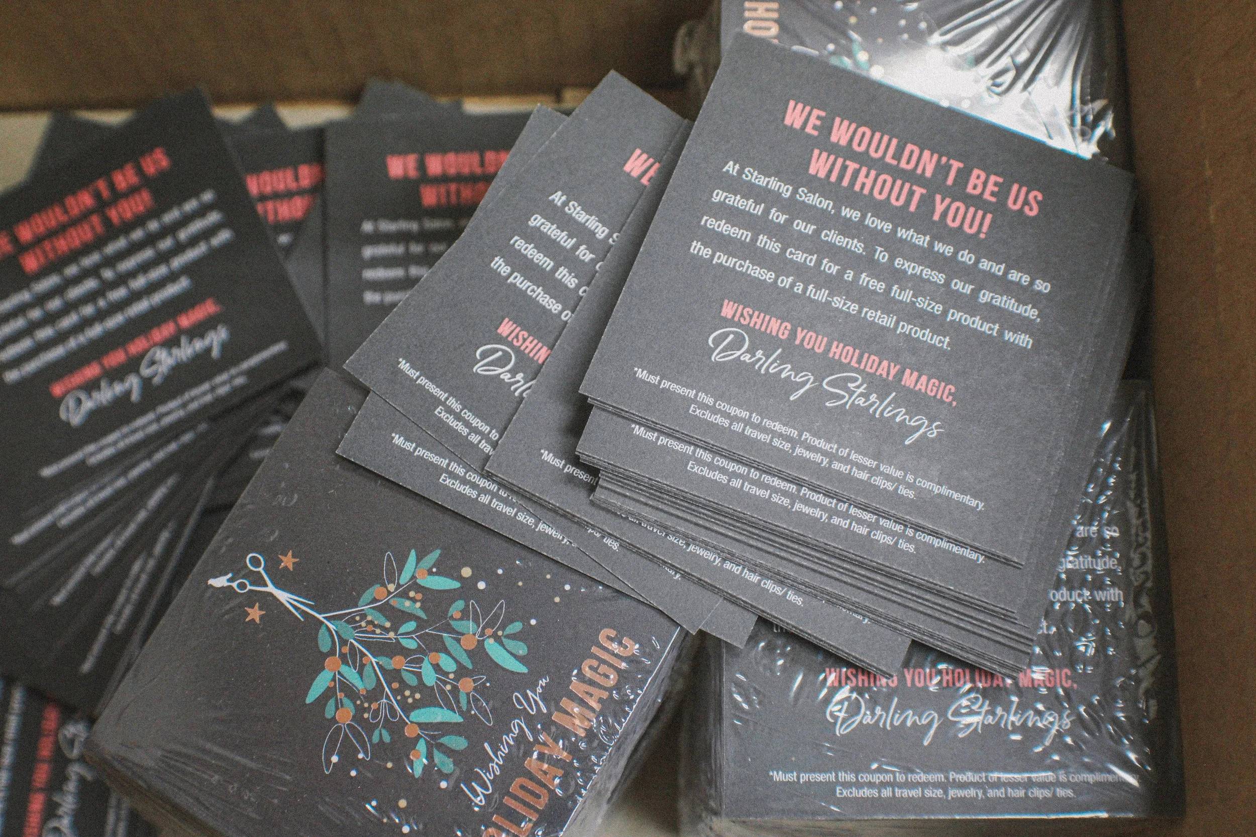 Small holiday flyers for Starling Salon guests to show gratitude during the holidays.