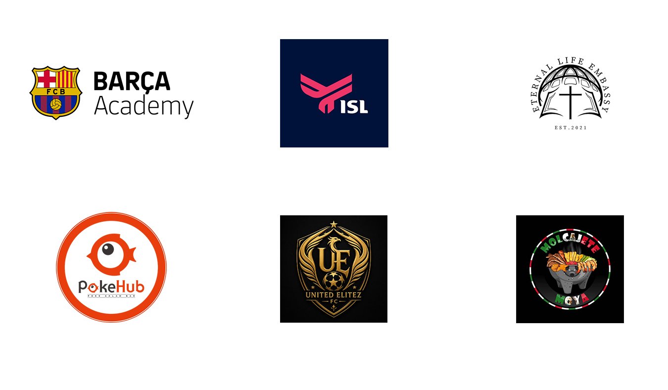 Six logos arranged in two rows. Top row: Barcelona Academy, ISL league, Eterental Life Embass. Bottom row: PokeHub, United Elitez FC, Molcajete Mx.
