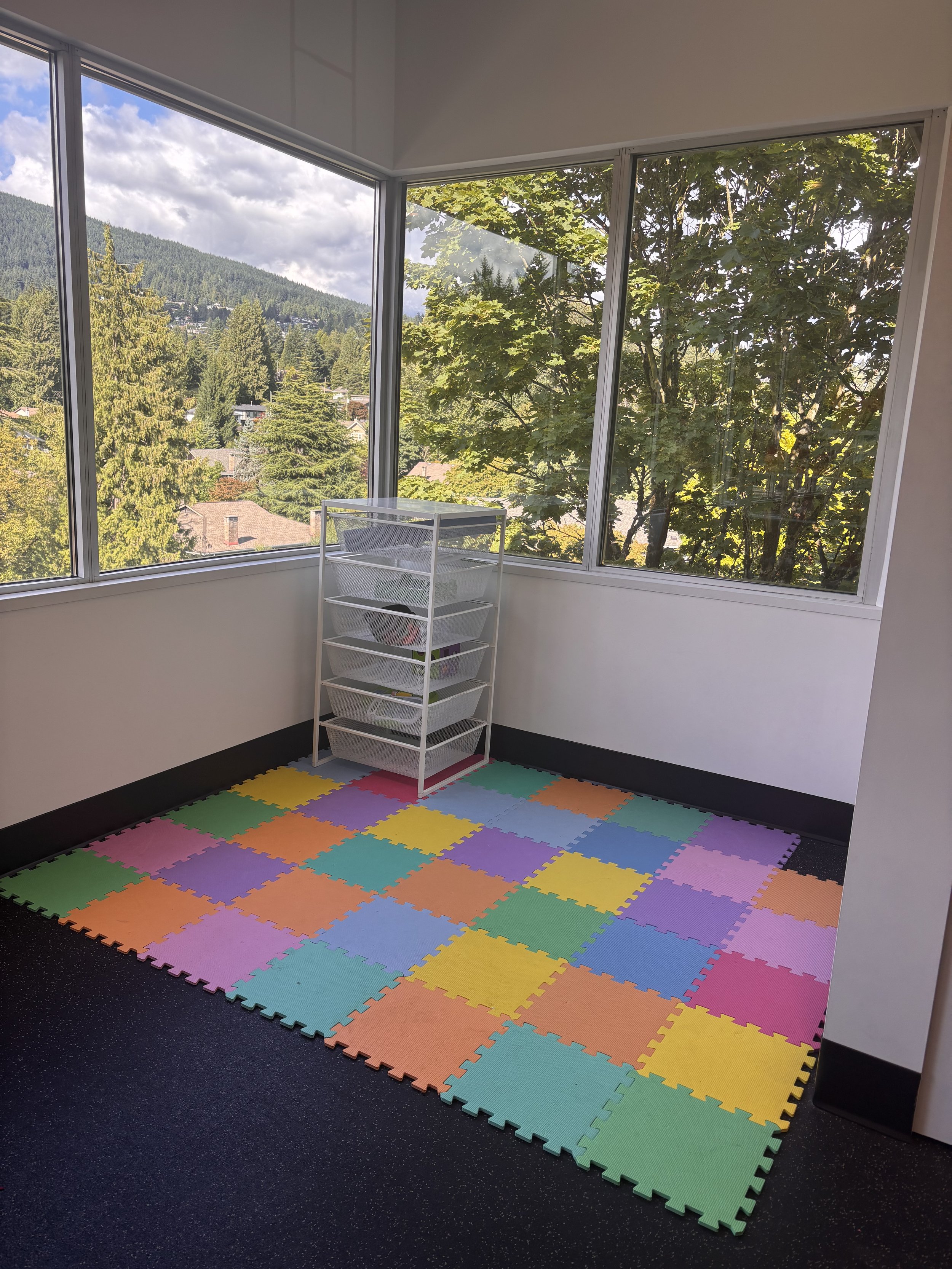 Room with large windows showing trees and a mountain in the background, colorful interlocking foam floor tiles, and a white metal shelf.