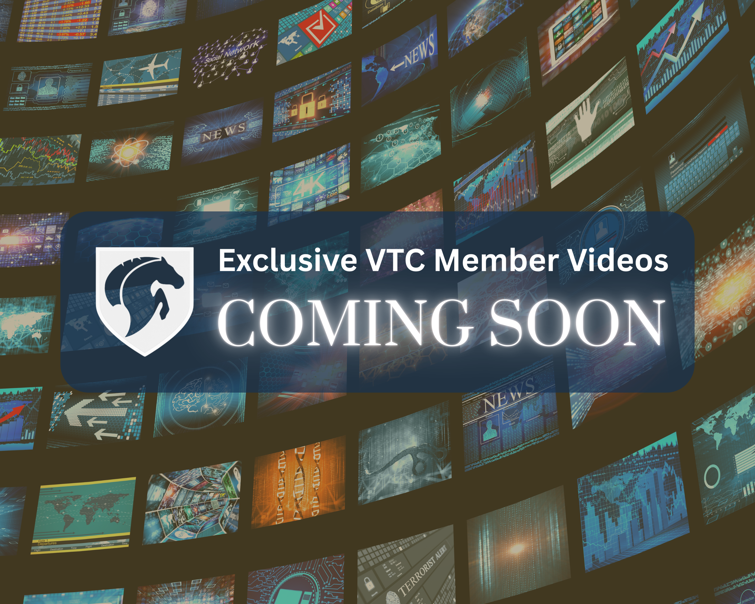 A digital collage of multiple screens displaying news graphics, data charts, maps, and technology visuals, with a message overlay advertising "Exclusive VTC Member Videos Coming Soon."