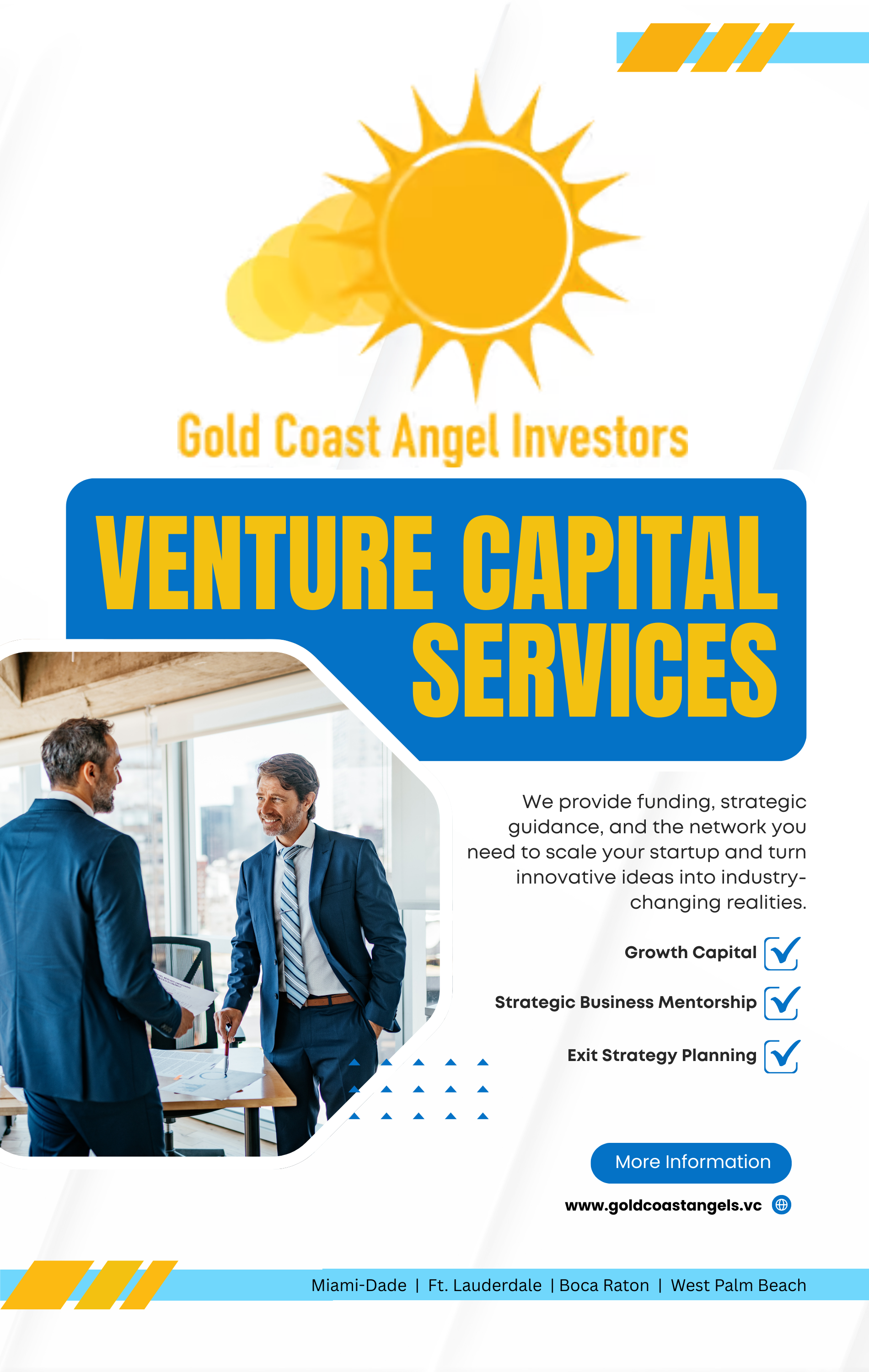 Promotion flyer for Venture Capital Services by Gold Coast Angel Investors featuring a photo of two businessmen in suits talking inside an office, and graphics of a sun and text highlighting funding, guidance, and networking services.