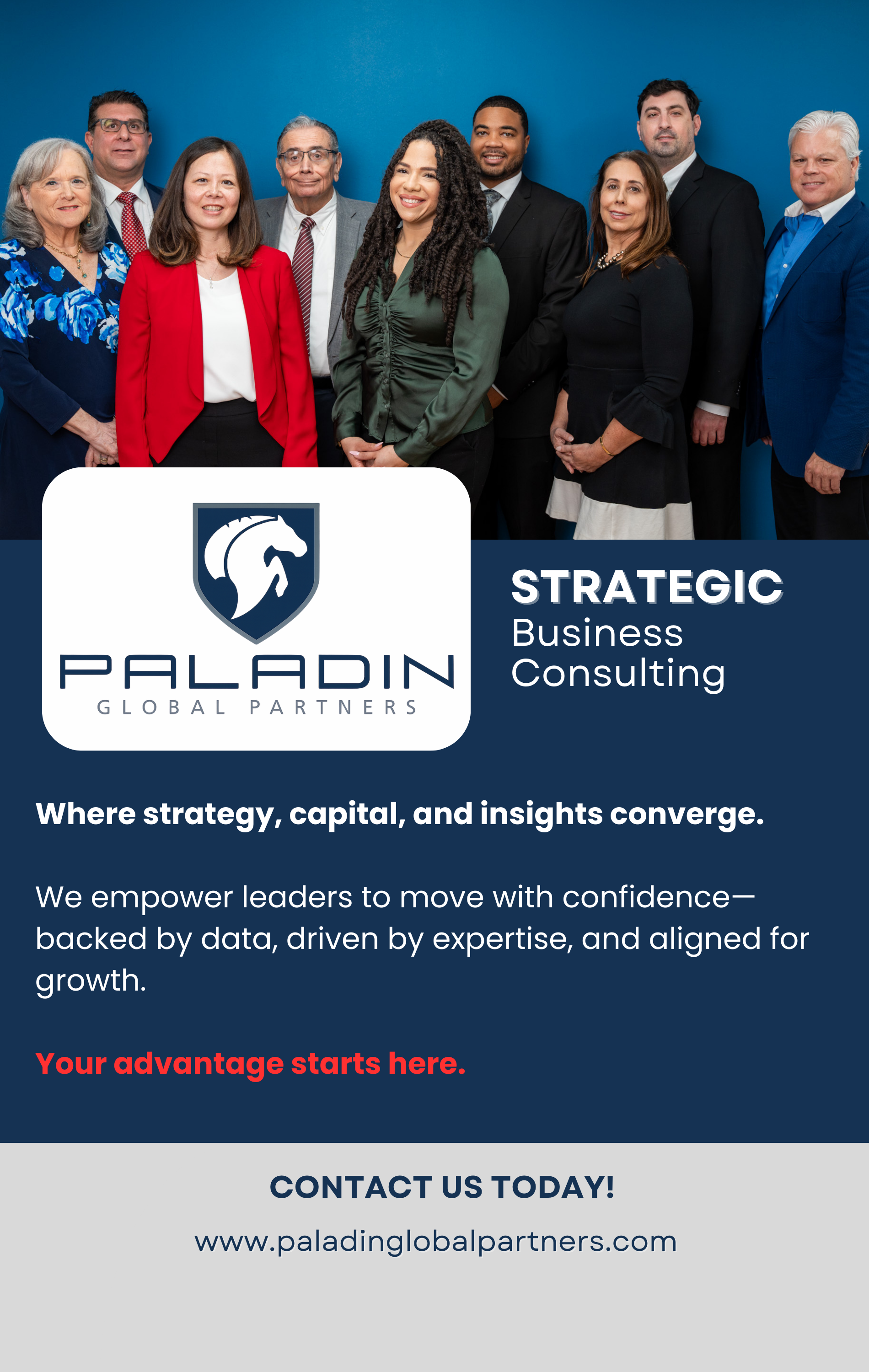 Group of ten business professionals standing together in front of a blue background, smiling and dressed in business attire, with a poster for Paladin Global Partners promoting strategic business consulting.