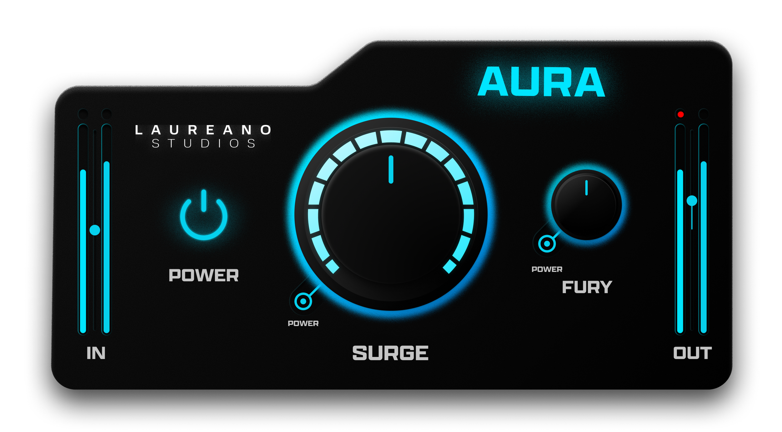 AURA master bus audio plugin interface by Laureano Studios showing input, output, and tone controls.