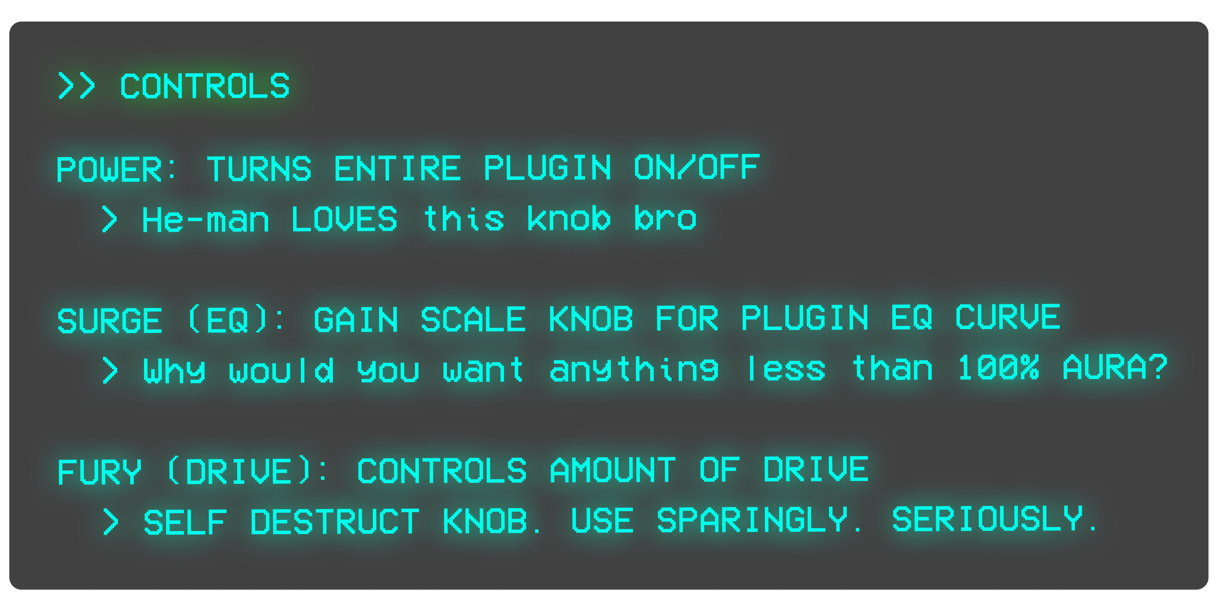 Screen displaying text with instructions for controls of a plugin, including power, surge, and fury settings, with humorous comments.