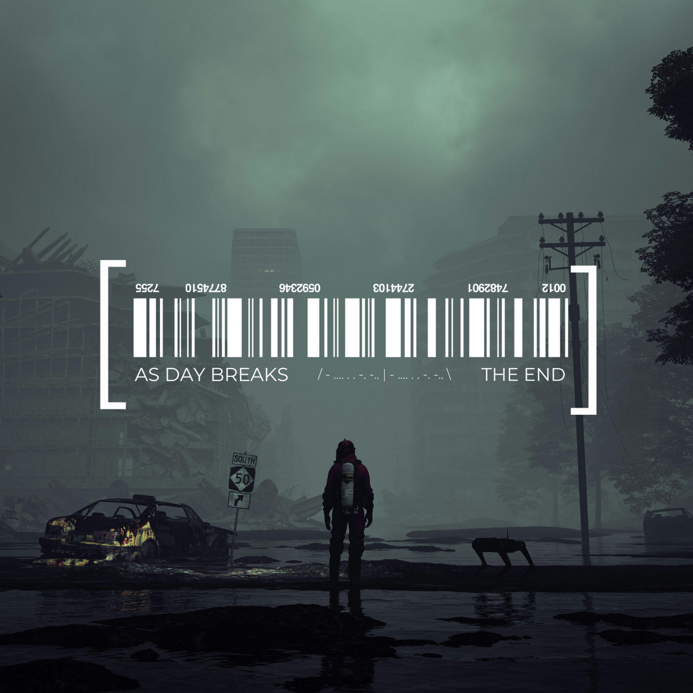 Post-apocalyptic scene with an overcast sky, a lone figure in the foreground with a backpack, wrecked cars, a destroyed building, power lines, and a barcode graphic. Cover art for standalone single "THE END" by modern metal band As Day Breaks