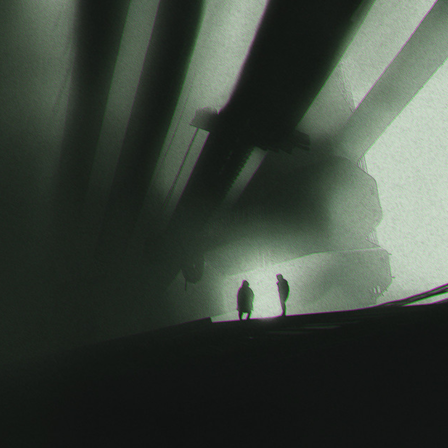 Two people walking under large industrial structures with a greenish hue, silhouetted against a bright background. Cover art for standalone single "TRAGEDY" by Thall project "Sleeper Cell"