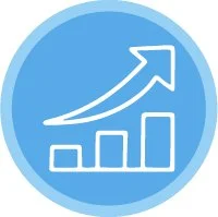 Blue circular icon with a white upward trending arrow and bar graph.
