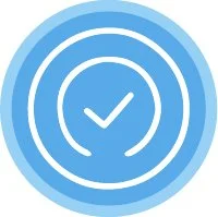 Blue circular icon with a white check mark and concentric circles