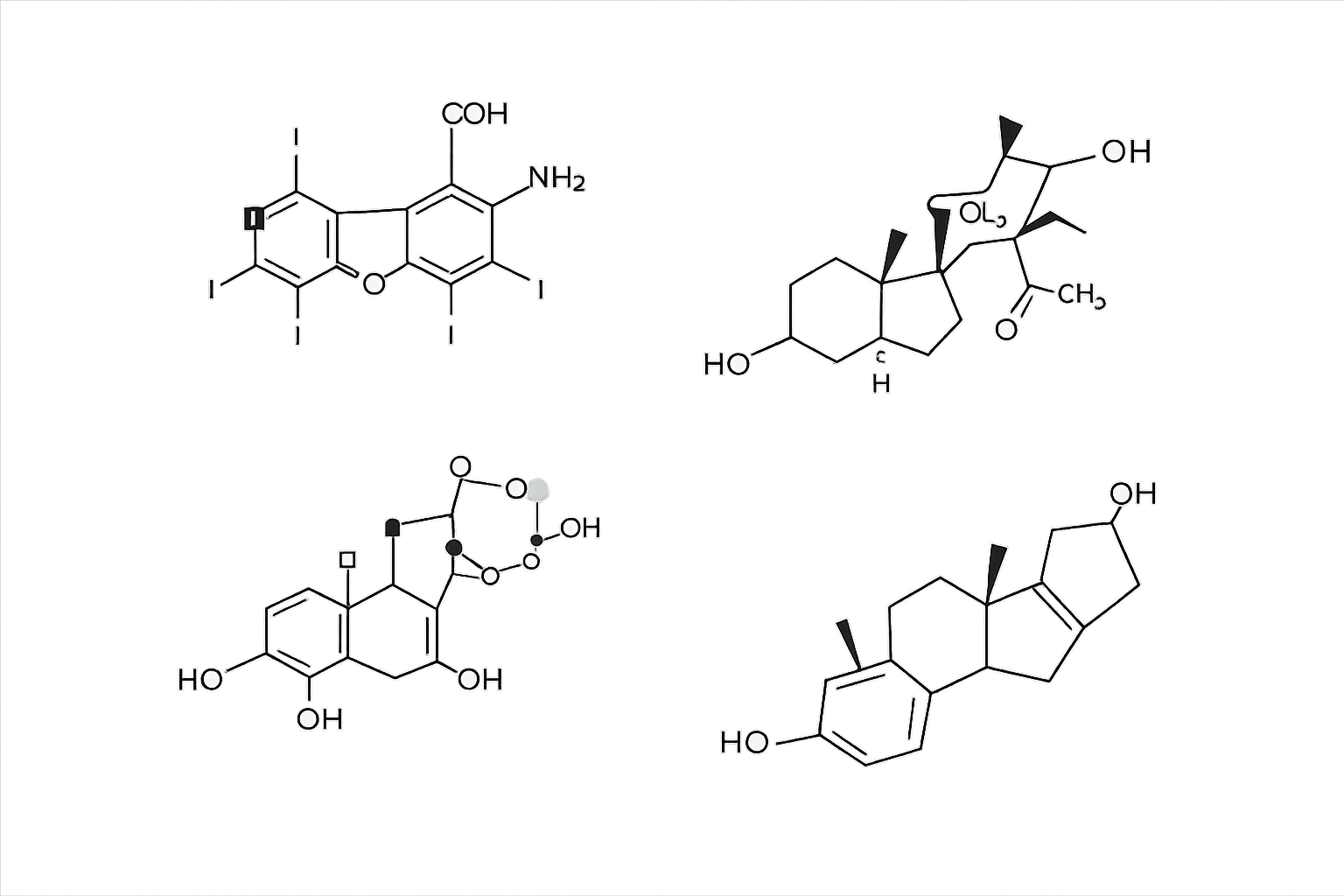 Diagram of chemical structures of four different molecules, with one in the upper left, one in the upper right, one in the lower left, and one in the lower right, on a black background.