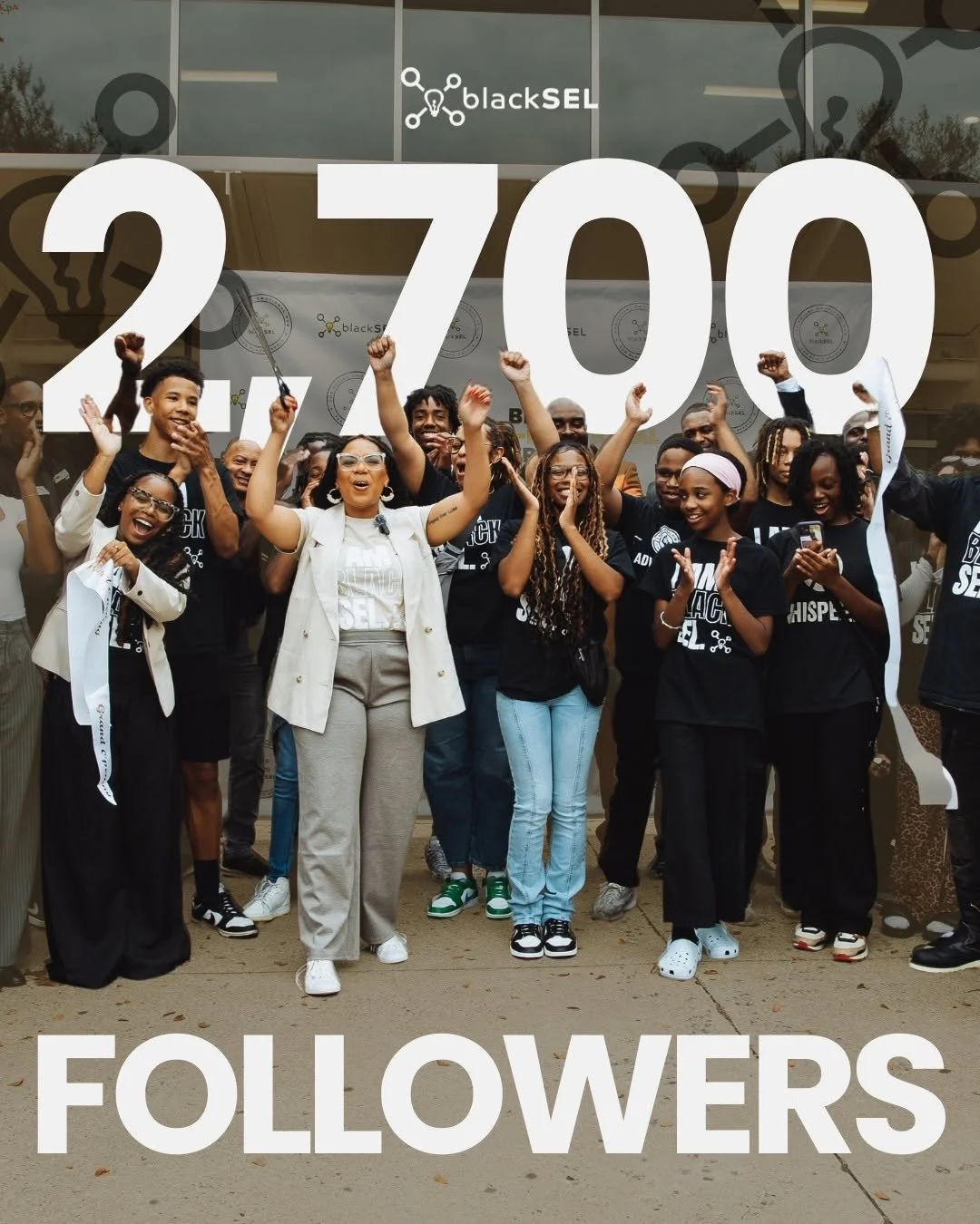 Celebratory social post marking a community growth milestone, combining photography with bold type to highlight Black SEL’s expanding digital reach.