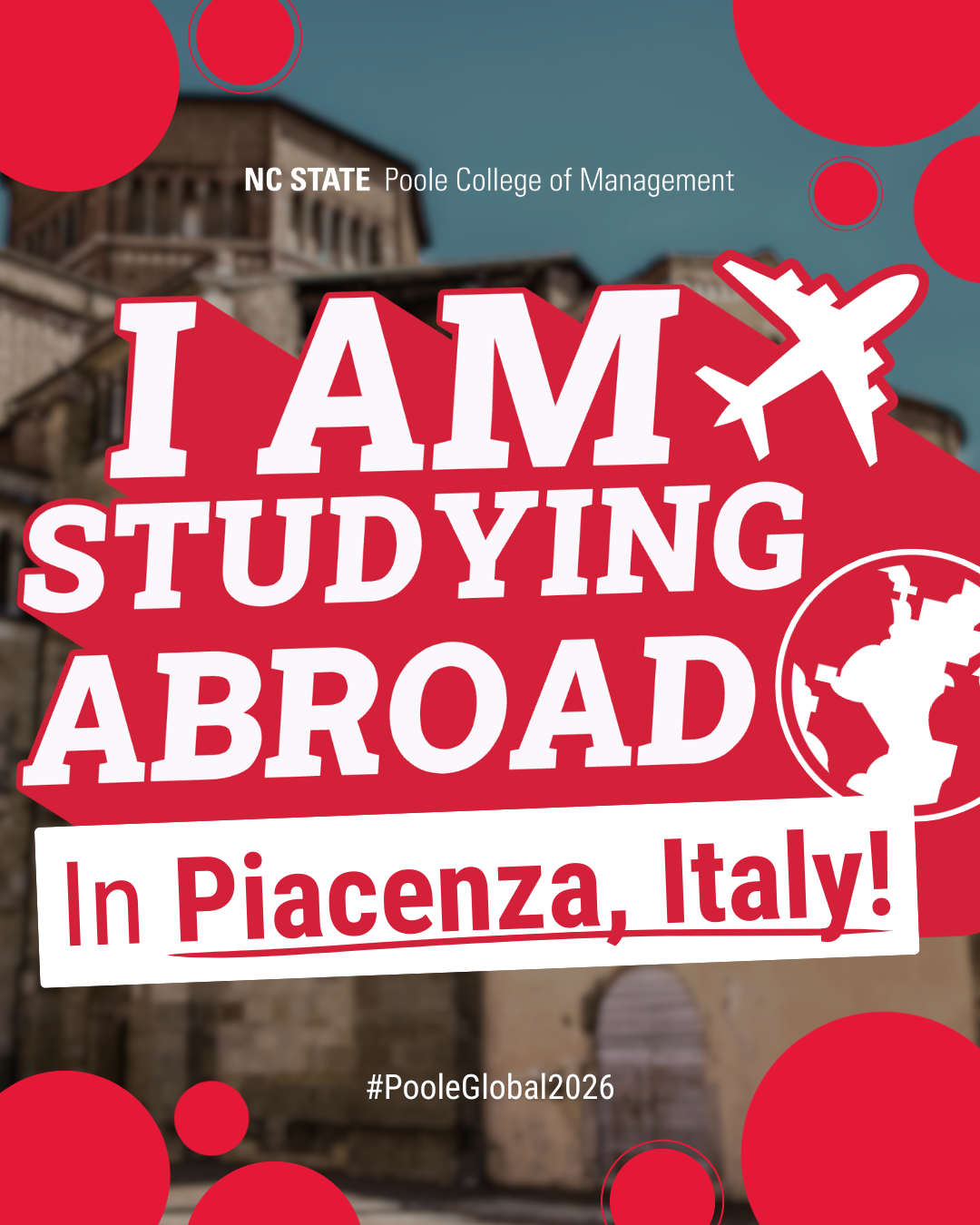 A series of digital social graphics promoting study abroad opportunities and specific program locations (Italy, Spain) to increase awareness and interest among students.