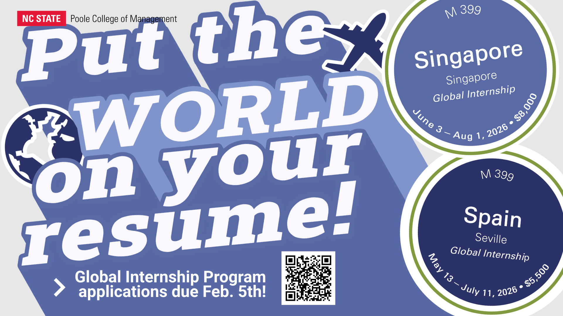 Designed a campaign graphic promoting Poole Global’s international internship programs, highlighting application deadlines and program locations to drive student awareness and applications.