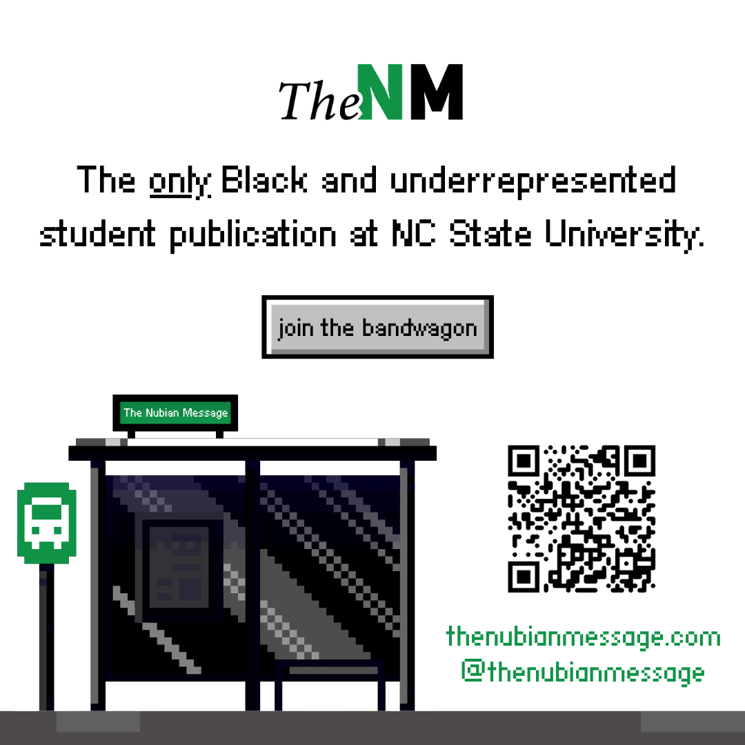 Illustrated recruitment flyer using pixel art and interactive visuals to invite students to join The Nubian Message, designed to feel playful, approachable, and campus-specific.