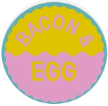 A circular logo with the top half yellow and the bottom half pink, with the words 'BACON' in yellow on the top and 'EGG' in yellow on the bottom.