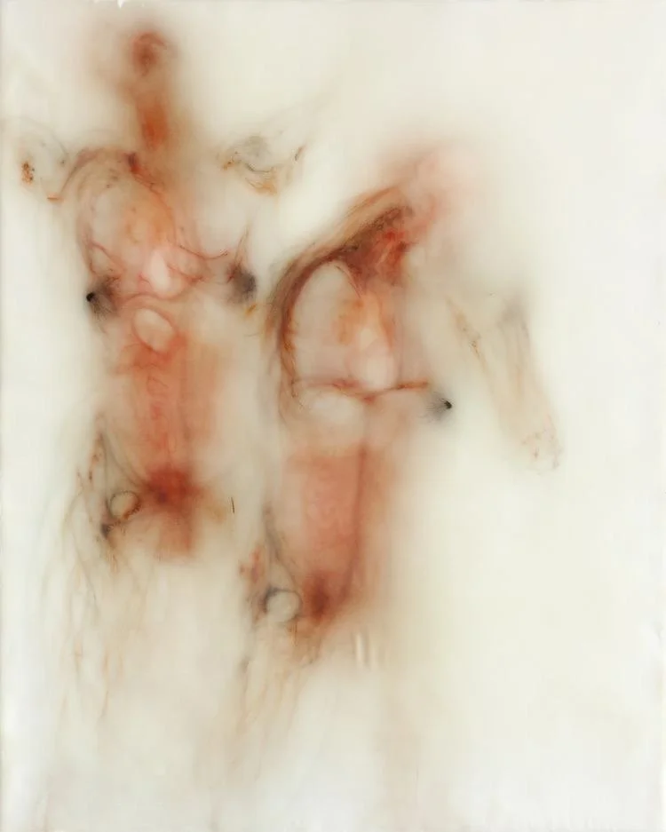 Abstract artwork with swirling reddish-brown and black lines on a light background.